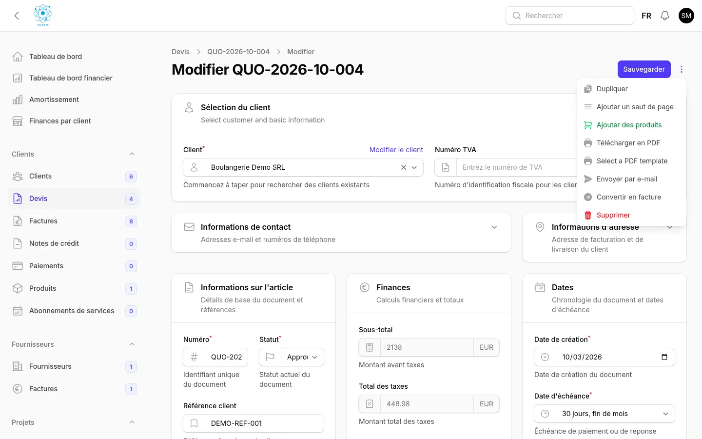 Menu d'un devis InvoSys avec l'action Convertir en facture
