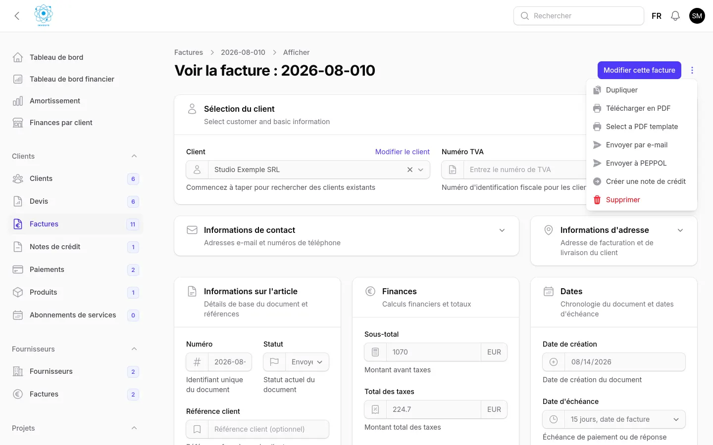 Menu d'actions d'une facture InvoSys avec les options d'envoi Peppol