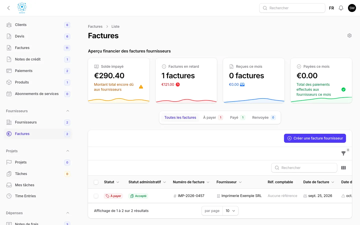 Liste des factures fournisseurs reçues dans InvoSys, avec le statut Peppol
